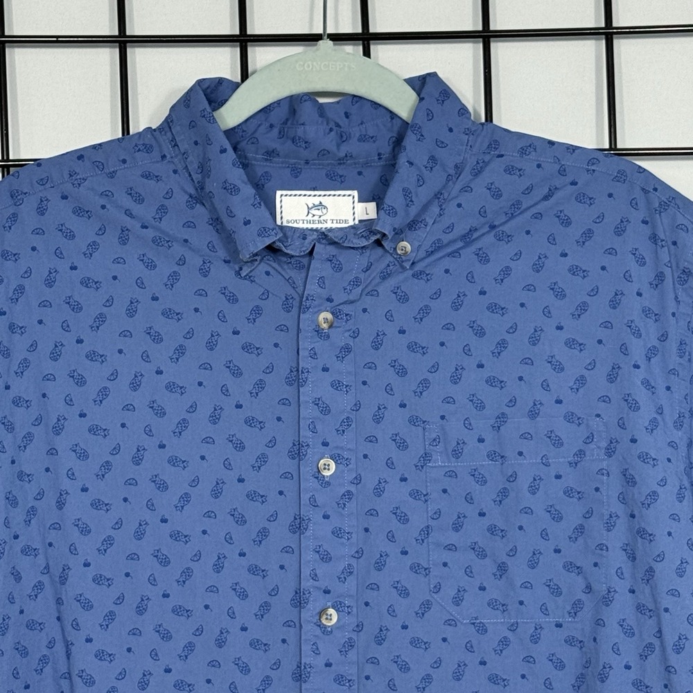 Southern Tide Short Sleeve Shirt Mens L Blue Pineapple Tropical Resortwear Beach